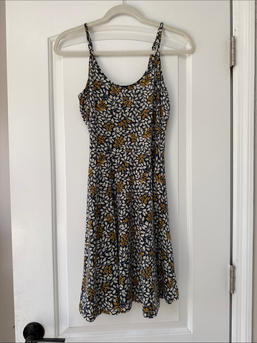 Acevog Navy Blue Midi Dress with White Leaf and Mustard Floral Print